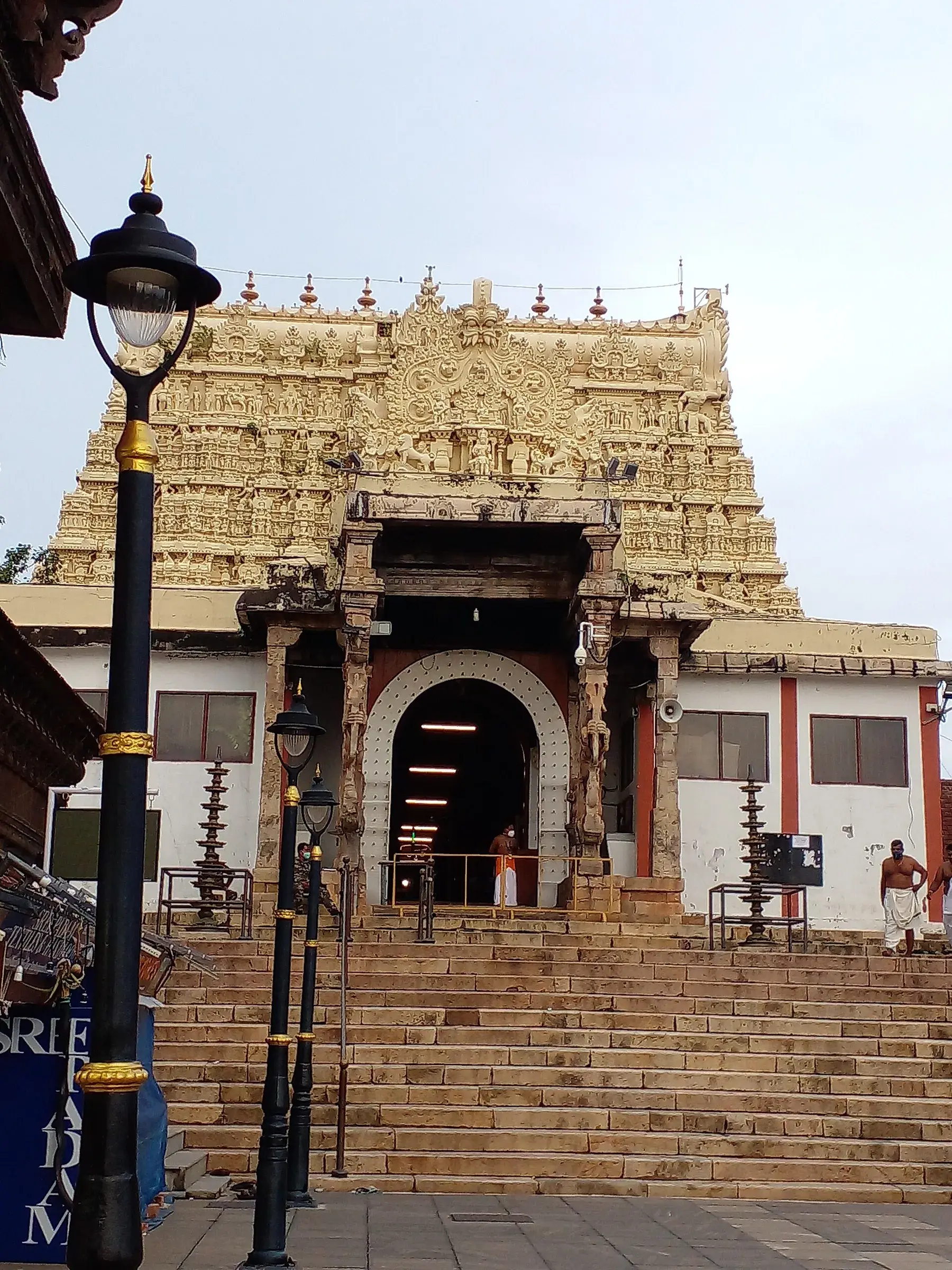 The tall seven-tiered gopuram of the Padmanabhaswamy Temple