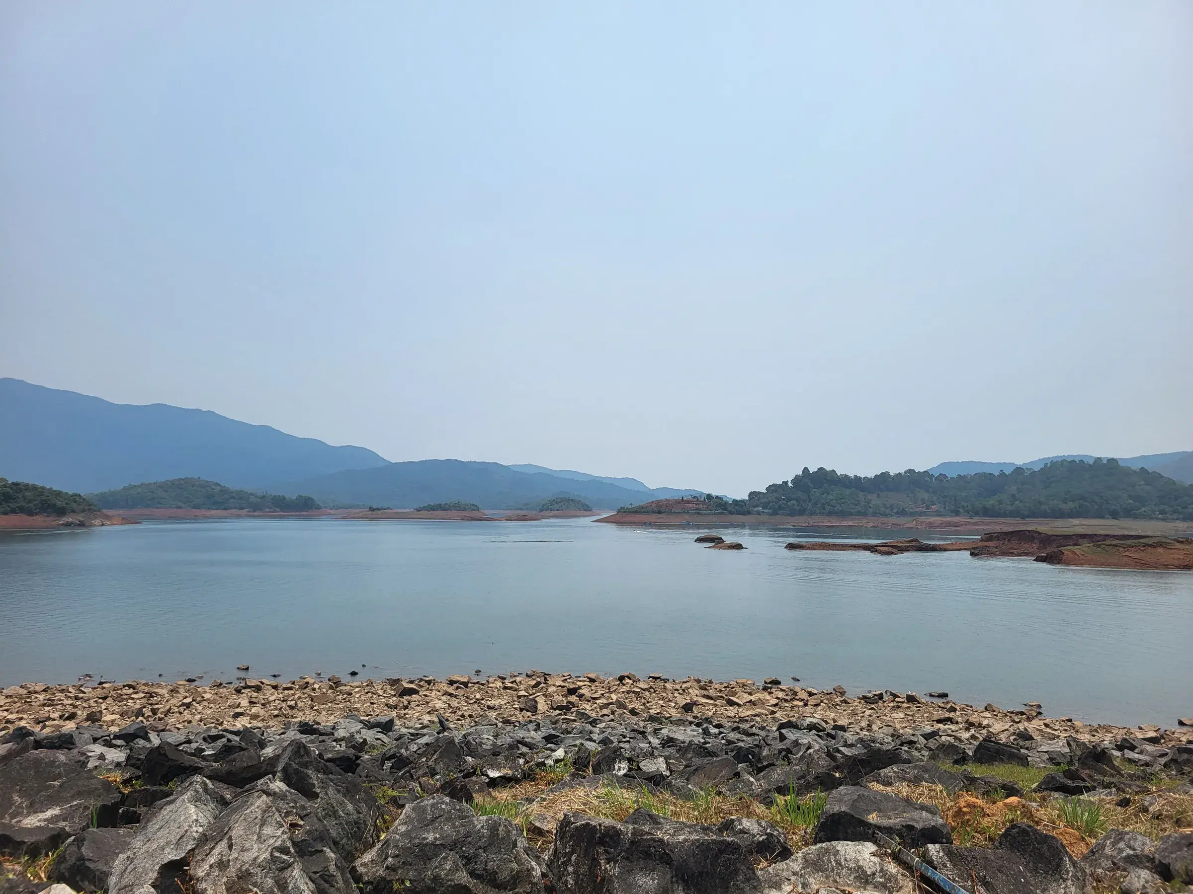 The reservoir of Banasura Sagar Dam with islands and hills