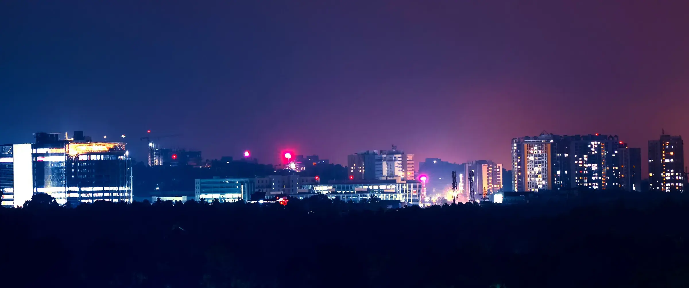 The illuminated buildings of Technopark in Thiruvananthapuram at night